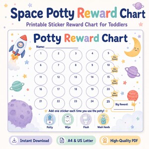 May include: A printable space-themed potty reward chart for toddlers. The chart features a rocket, planets, and a smiling moon. It includes spaces for stickers, with prompts for potty, wipe, flush, and wash hands. Text reads "Space Potty Reward Chart".