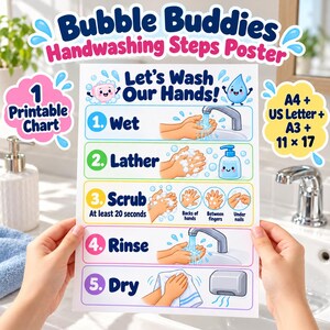 Poster "Bubble Buddies" con i passaggi per lavarsi le mani per bambini / 5 semplici passaggi per l'igiene in bagno / File PDF stampabili per la classe in formato A4, A3 e 11x17