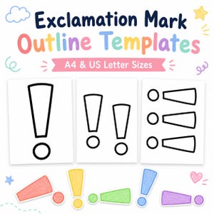 Könnte beinhalten: Ausrufezeichen-Vorlagen mit dem Text Exclamation Mark Outline Templates und A4 & US Letter Sizes. Das Bild zeigt drei weiße Blätter mit schwarz umrandeten Ausrufezeichen und darunter farbige Formen mit einer wachsmalstiftartigen Textur.