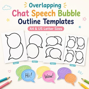 May include: A set of four printable pages featuring black and white overlapping chat speech bubble outline templates in A4 and US Letter sizes. Below the pages are several hand-colored speech bubbles with the text Hi! and Wow! written inside.