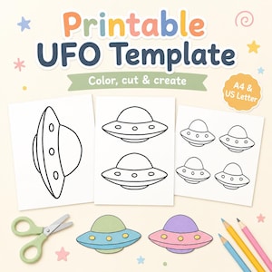 May include: A printable UFO template featuring black and white line art of flying saucers on three sheets of paper. The text reads Printable UFO Template, Color, cut & create, and A4 & US Letter. Includes light green scissors and colored pencils.