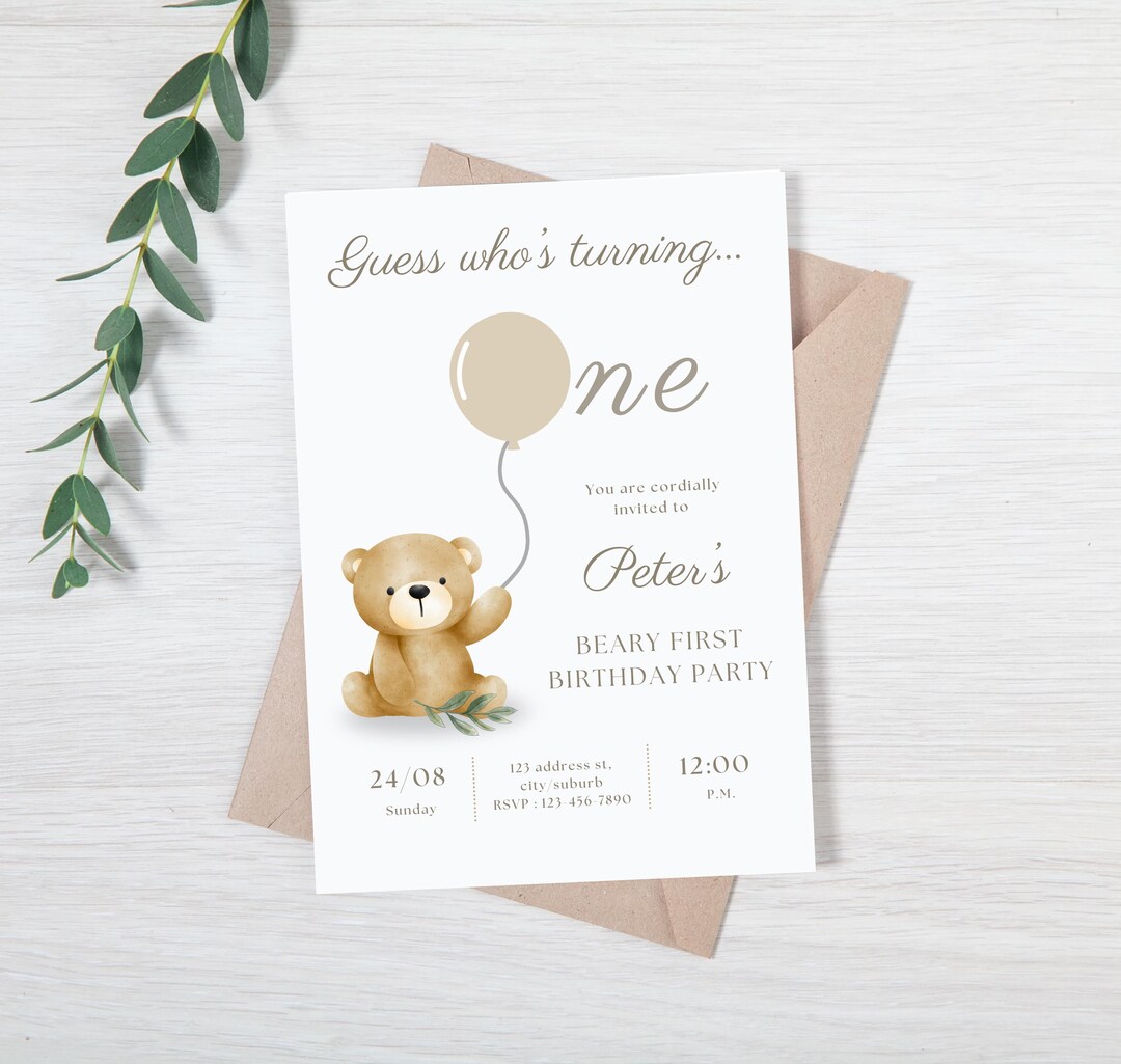 Beary First Birthday Party Teddy Bear Invitation | Boy Girl Gender ...