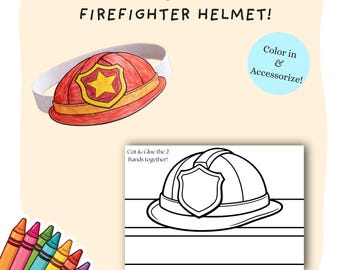 Firefighter Helmet Coloring Cut Out Craft | Kids Cut & Paste Craft Crown | Printable DIY Paper Fireman Cap | Children Creative Hat Template