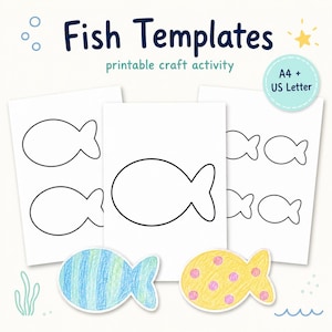 Può includere: Modelli di pesci stampabili per attività creative, con fogli bianchi che presentano contorni neri di forme di pesci di varie dimensioni. Include il testo Fish Templates, printable craft activity e A4 + US Letter. In basso sono visibili due pesci colorati.
