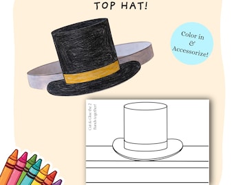 Top Hat Coloring Cut Out Craft | Kids Play Pretend Cut and Paste Crowns | Printable DIY Paper Formal Top Hat | Children Creative Templates
