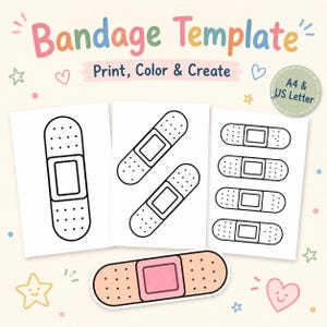 May include: A digital printable bandage template featuring black and white line art of adhesive bandages in various orientations, plus one colored peach and pink bandage. The text reads Bandage Template, Print, Color & Create, A4 & US Letter.