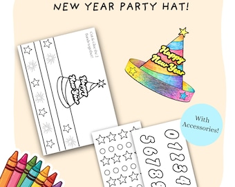 New Year Paper Party Hat with Accessories | DIY Color In Paper Crafts Celebration Party Cone Hat | New Years Eve Activity | Use for Any Year