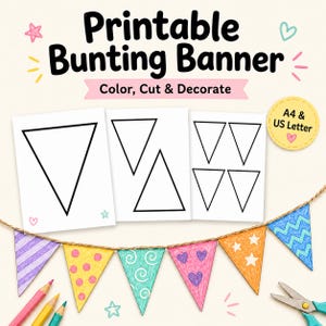 Bunting Banner Template Printable | Triangle Pennant Garland Outline Cut Out | Classroom Party Decor, Kid Celebration Craftable Fun Activity