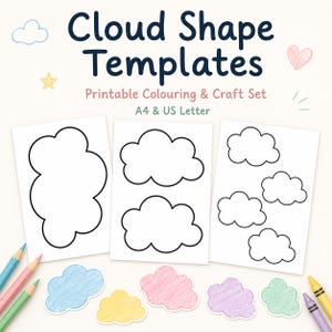 以下が含まれることがあります： 黒い輪郭の雲の形が描かれた3枚の白い紙と、Cloud Shape Templates, Printable Colouring & Craft Set, A4 & US Letterという文字。その下には、青、黄、ピンク、紫、緑の手で色付けされた6つの雲の切り抜きがあります。