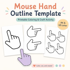 May include: A printable Mouse Hand Outline Template featuring black and white line art of computer cursor hands. The text reads Mouse Hand Outline Template, Printable Coloring & Craft Activity, A4 & US Letter, and Color, cut, and create!
