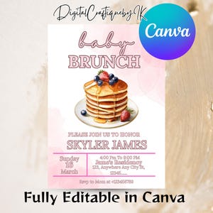 Pancake Baby Brunch Baby Shower Invitation, Pancake Brunch Baby Shower Invite, Pink Bow Gingham Baby Brunch Pancake Baby Shower Invite