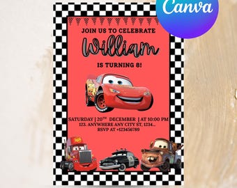 Cars Birthday Invitation | Lightning McQueen Invitation, Kids Birthday Invitation | Editable Personalized Canva Printable Digital Invitation