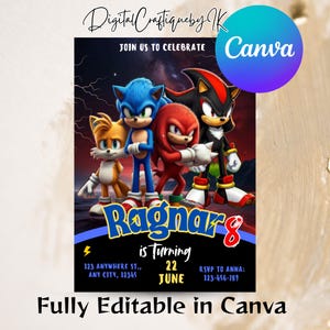 Sonic 3 Birthday Invitation, Super Hedgehog Boys Party Invite, Super Sonic Party Invitation, Editable Sonic Invite Template, Canva Template