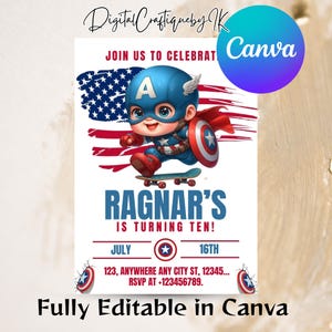 Editable Captain America Birthday Invitation Canva Template Captain America invitation digital instant download Avengers Superhero Birthday