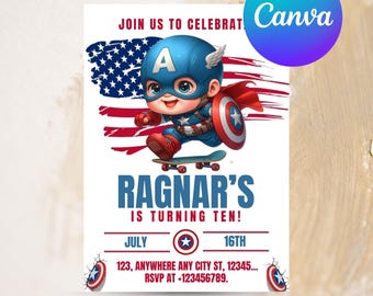 編集可能なキャプテン・アメリカの誕生日招待状Canvaテンプレートキャプテン・アメリカの招待状デジタルインスタントダウンロードアベンジャーズスーパーヒーロー誕生日