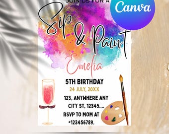 Sip and Paint Party Invitation,Editable Paint & Sip Party Invite,Wine and Paint Birthday Invite,Digital Sip and Paint Invite,InstantDownload