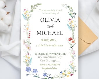 Wildflower Wedding Invitation Template, Printable Boho Floral Template, Printable Wedding Invitation, Wildflower Invitation