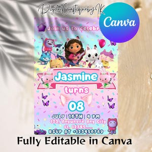 Bearbeitbare Gabbys Puppenhaus Geburtstagseinladung, digitale Gabby Puppenhauseinladung, druckbare Kinderparty lädt ein, Bday Party einladen