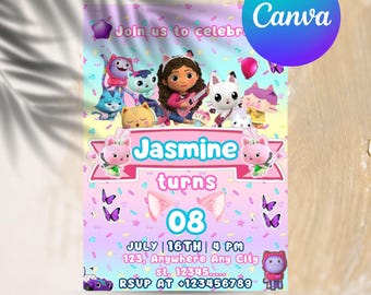Editable Gabbys Dollhouse Birthday Invitation, Digital Gabby Dollhouse Invitation, Printable Kids Party Invites, Bday Party Invite