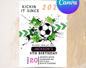 Plantilla editable de invitación de cumpleaños de fútbol, invitación de fútbol, invitación de fútbol infantil, descarga instantánea, Canva. Invitación de fútbol "Let's Kick it"