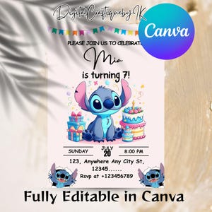 Modello di invito per festa di compleanno Stitch modificabile, invito di compleanno a fumetti, invito per festa di compleanno Stitch in piscina, invito di compleanno Stitch