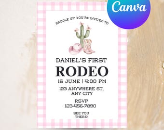 Invitación de cumpleaños para mi primer rodeo, invitación editable de vaquera para mi primer rodeo, invitación de vaquera, plantilla editable de Canva