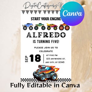 Monster truck Birthday Invitation editable template birthday party Invite Printable Canva instant download monster trucks Invite
