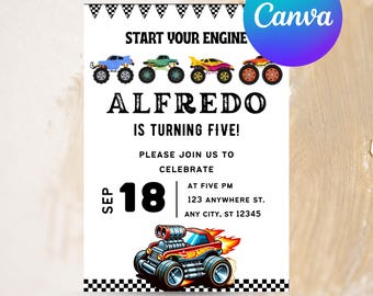 Monster truck Birthday Invitation editable template birthday party Invite Printable Canva instant download monster trucks Invite
