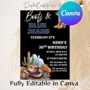 Boots and Blue Jeans Party Invite | Western Theme Birthday Invitation | Cowgirl Cowboy Hat | Editable Invite | Instant Download