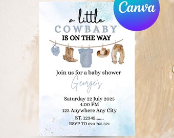 Cowboy Baby Shower Invitation, A Little Cowboy is on the Way Invite, Wild West Western, Editable in Canva Template, Baby Shower Invite