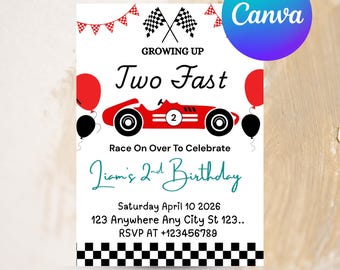Two Fast Birthday Invitation, Two Fast 2 Curious Race Car Invite, 2nd Birthday Invitation, Race Cars Birthday, Canva Editable Template