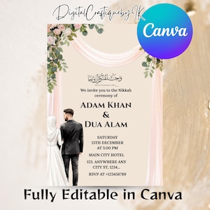 May include: A wedding invitation with a beige background, floral accents, and draped fabric. The invitation includes the names ADAM KHAN & DUA ALAM, ceremony details, and the text "Fully Editable in Canva."