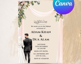 Editable Islamic Nikkah Invitation Template, Luxury Floral Nikkah Invitation, Muslim Wedding Invite, Reception Walima Invite, Canva Template