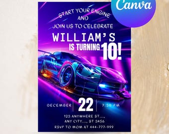 Invito di compleanno a tema auto da corsa, festa a tema auto da corsa, festa di corse, invito a tema auto da corsa sportiva, invito per ragazzi, compleanno a tema auto, modello Canva modificabile
