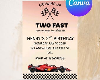 Racecar Birthday Invitation, Second Birthday, Car Birthday Invite, Two Fast Invitation, Racing Party Invite, Editable Invitation