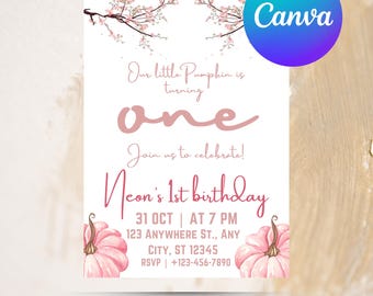 Pumpkin Birthday girl Invitation, Our Little Pumpkin Birthday Invite, pink pumpkin 1st Birthday Invite, a little pumpkin Invite