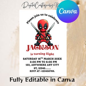 Deadpool Birthday Invitation, Superhero Party Invite, Editable Kids Birthday Template, Comic Book Theme, Deadpool Superheroes Party