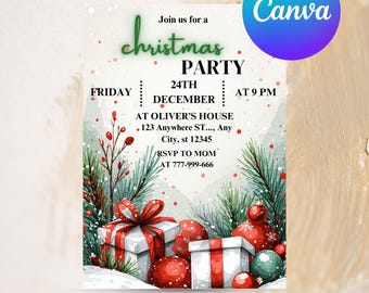 以下が含まれることがあります： お祝いのデザインが施されたクリスマスパーティーの招待状。「Join us for a Christmas Party」というテキストとイベントの詳細が含まれています。ギフトボックス、オーナメント、常緑樹の枝がデザインされています。Canvaで完全に編集可能です。