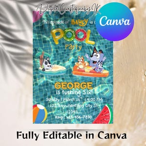 Bluey Pool Party Birthday Invitation, bluey birthday invitation, Summer Birthday Party invitation, Pool Party Invitation, Canva Editable