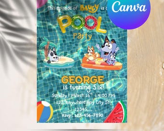 Bluey Pool Party Birthday Invitation, bluey birthday invitation, Summer Birthday Party invitation, Pool Party Invitation, Canva Editable