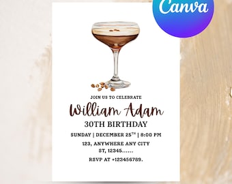 Tini Bit Older-festinbjudan Espresso Martini-födelsedagsinbjudningsmall Vuxen födelsedagsfestinbjudan Redigerbar rosettinbjudan till cocktailparty