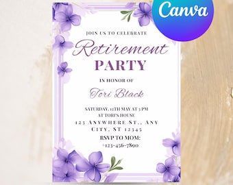 Editable Retirement Party Invitation Template - Floral Garden Theme, Farewell Wildflower Watercolor, Printable Canva Invite Digital Download