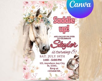 Editable Horse Birthday Invitation Girl Saddle Up Watercolor Cowgirl Party Horse Invite Pink Floral Download Printable Template