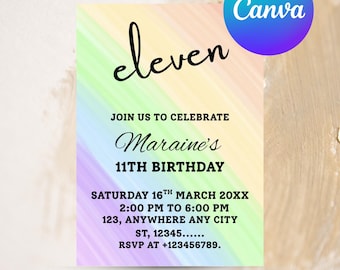 11th Birthday Card Invites - Eleven Birthday Invitation, Girl Party Invite, 11 Years Old, Pink Purple Theme, Digital Printable Download