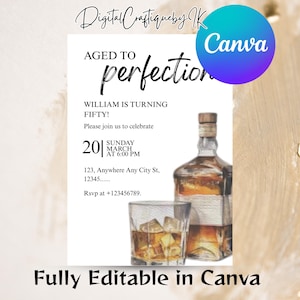 Aged to perfection birthday party invitation,man birthday party invite,whiskey glass invite,liquor birthday invite,EDITABLE template,Canva