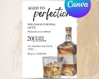 Invitation de fête d'anniversaire vieillie à la perfection, invitation de fête d'anniversaire homme, invitation en verre de whisky, invitation d'anniversaire d'alcool, modèle MODIFIABLE, toile