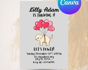 Invitación de cumpleaños Let's Pawty - Invitación con temática de perros - Invitación editable para fiesta infantil con perros y globos - También para fiestas de cumpleaños de perros