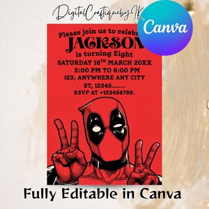 Deadpool Birthday Invitation, Superhero Party Invite, Editable Kids Birthday Template, Comic Book Theme, Deadpool Superheroes Party