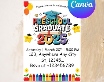 Invitación de graduación de preescolar, invitación de graduación de preescolar, invitación de graduación de preescolar de la generación 2025, plantilla editable de Canva