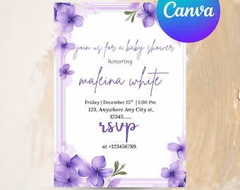 PURPLE FLORAL Baby Shower Invite | Oh Baby Invitation | Pastel Purple Baby Shower | Floral Theme Baby Shower | Editable Canva Template